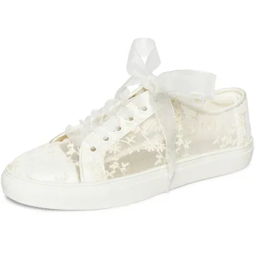 Comfortabel Ivoor Bruids 3d Kant Bloem Doorzichtige Bruidsschoenen Sportschoenen 2022 Tule Lace Up Platte Ronde Neus Damesschoenen