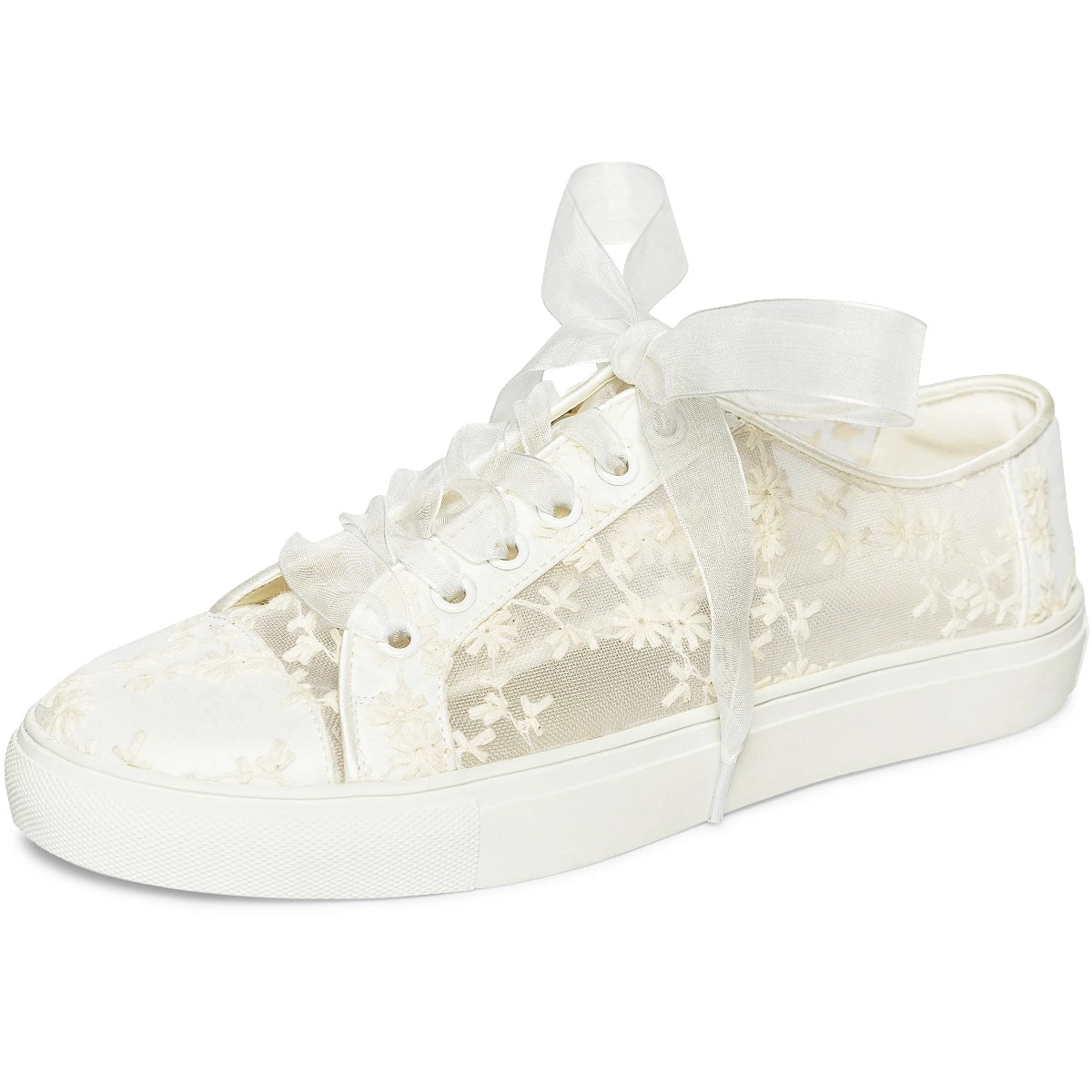Comfortable Ivory Bridal 3D Lace Flower See through Wedding Shoes Sneakers 2022 Tulle Lace up Flat