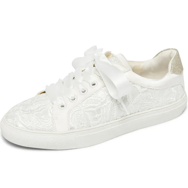 Bekväm Elfenben Brud Satin Spets Blomma Paljetter Brudskor Sneakers 2022 Snörning Pande Zote Toe Platt Damskor