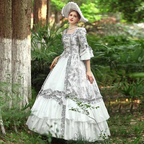 Medieval Vintage / Retro Silver Prom Dresses 2024 Lace Floral Satin Floor-Length / Long 1/2 Sleeves Square Neckline Crossed Straps Pageant Prom Ball Gown Formal Dresses