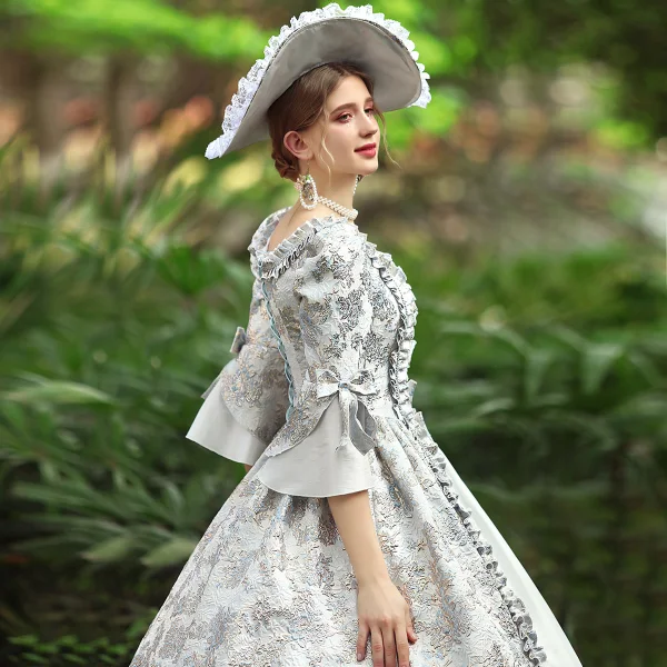 Medieval Vintage Retro Silver Prom Dresses 2024 Lace Floral Satin Floor-Length Long 1/2
