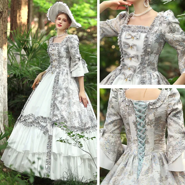 Medeltida Vintage Silver Balklänningar 2024 Spets Blommig Satin Långa 1/2 ärm Fyrkantig Ringning Korsade remmar Festtåg Bal Balklänning Formella Klänningar