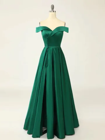 Vintage Originale Vert Foncé Satin Fendue Devant Robe De Bal 2024 Princesse Bretelles Spaghetti Sans Manches Dos Nu Longue Robe De Ceremonie