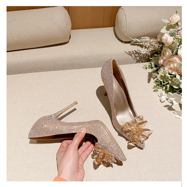 Glitzernden Aschenputtel Champagner Kristall Brautschuhe 2021 10 cm / 4 inch Strass Hochhackige Spitzschuh Stilettos Pumps