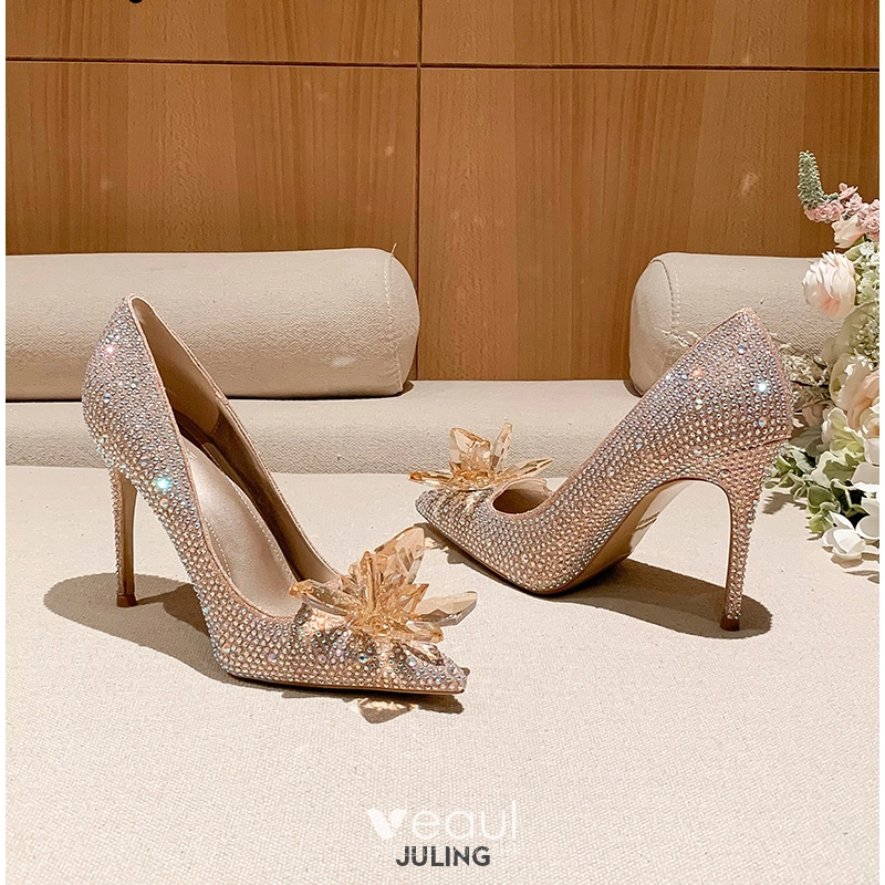 Rose Gold Diamante Ankle Strap High Heel Sandals | SilkFred US