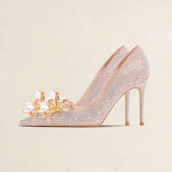 Brillante Cenicienta Champán Crystal Zapatos de novia 2021 10 cm / 4 inch Rhinestone High Heels Punta Estrecha Stilettos / Tacones De Aguja Tacones