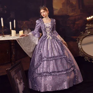Middelalder Vintage Purple Ballkjoler 2024 1 2 Ermer Lange Firkantet Hals Cosplay Ballkjole Formelle Kjoler