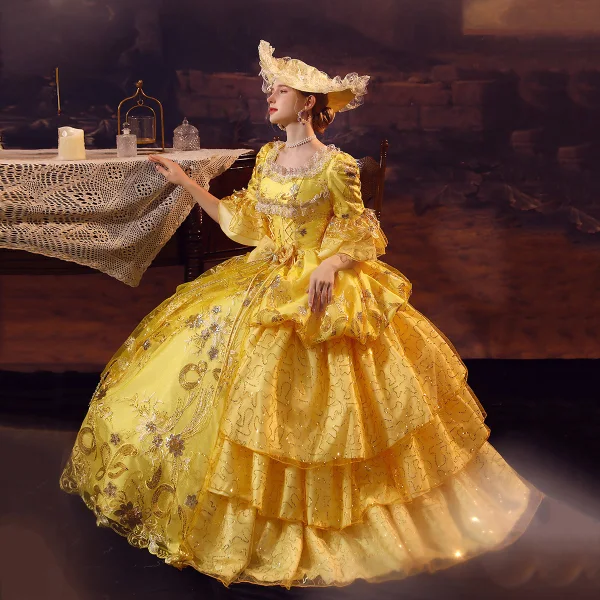 Medieval Vintage / Retro Gold Prom Dresses 2024 1/2 Sleeves Floor-Length / Long Square Neckline Cosplay Ball Gown Flower Prom Formal Dresses