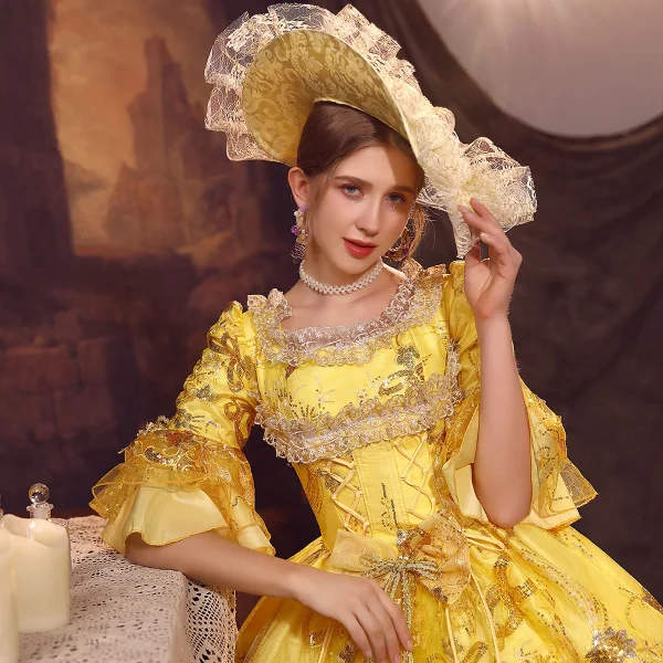 Medieval Vintage / Retro Gold Prom Dresses 2024 1/2 Sleeves Floor-Length / Long Square Neckline Cosplay Ball Gown Flower Prom Formal Dresses