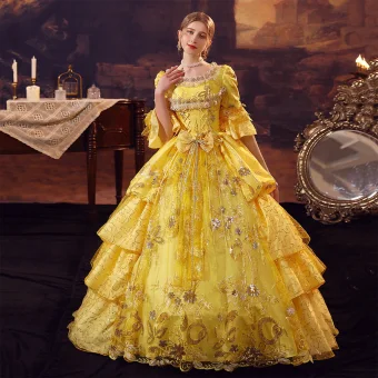 Médiévale Vintage Originale Doré Robe De Bal 2024 1 2 Manches Longue Encolure Carrée Cosplay Robe Boule Fleur Promo Robe De Ceremonie