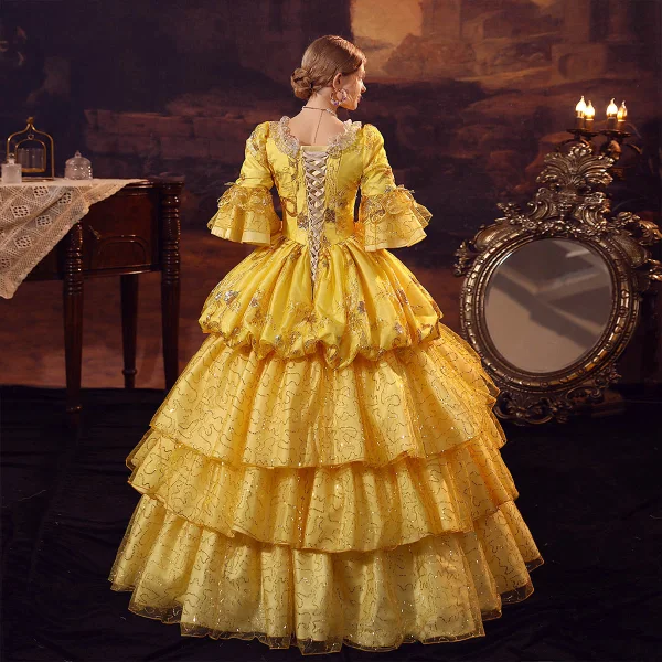 Medieval Vintage / Retro Gold Prom Dresses 2024 1/2 Sleeves Floor-Length / Long Square Neckline Cosplay Ball Gown Flower Prom Formal Dresses