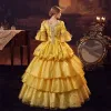 Medieval Vintage / Retro Gold Prom Dresses 2024 1/2 Sleeves Floor-Length / Long Square Neckline Cosplay Ball Gown Flower Prom Formal Dresses