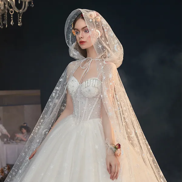 Stunning Star Corset Champagne Ball Gown Bridal Summer Wedding Dresses 2020 With Cloak Rhinestone Pearl Sweetheart Tulle Crossed Straps Chapel Train Sleeveless