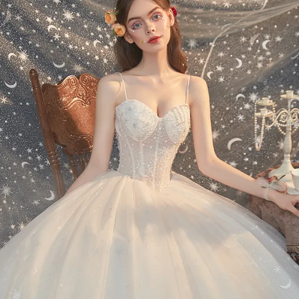 Etourdissant Etoile Corset Champagne Robe Boule La Mariee Ete Robe De Mariee 2020 Avec Cape Faux Diamant Perle Amoureux Tulle Bretelles croisees Chapel Train Sans Manches