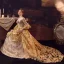 Medeltida Vintage Guld Balklänningar 2024 Korsade remmar 3D Spets Utskrift U-Hals 3/4 ärm Balklänning Domstol Tåg Cosplay Bal Formella Klänningar