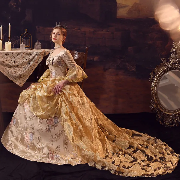 Medieval Vintage / Retro Gold Prom Dresses 2024 Crossed Straps 3D Lace Printing U-Neck 3/4 Sleeve Ball Gown Court Train Cosplay Prom Formal Dresses