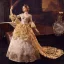 Medeltida Vintage Guld Balklänningar 2024 Korsade remmar 3D Spets Utskrift U-Hals 3/4 ärm Balklänning Domstol Tåg Cosplay Bal Formella Klänningar