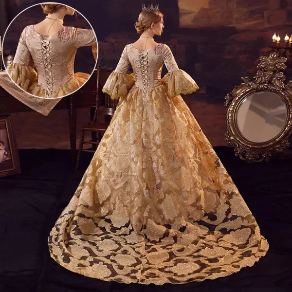 Medeltida Vintage Guld Balklänningar 2024 Korsade remmar 3D Spets Utskrift U-Hals 3/4 ärm Balklänning Domstol Tåg Cosplay Bal Formella Klänningar