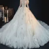 Amazing / Unique Strapless Ivory Bridal Tulle Wedding Dresses 2020 A-Line / Princess Crossed Straps Sleeveless Appliques Gold Lace Cascading Ruffles Chapel Train