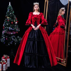 Medieval Vintage Retro Red Prom Dresses 2024 Crossed Straps Floor Length Long Square Neckline Cosplay Evening Party 1 2 Sleeves Ball Gown Formal Dresses