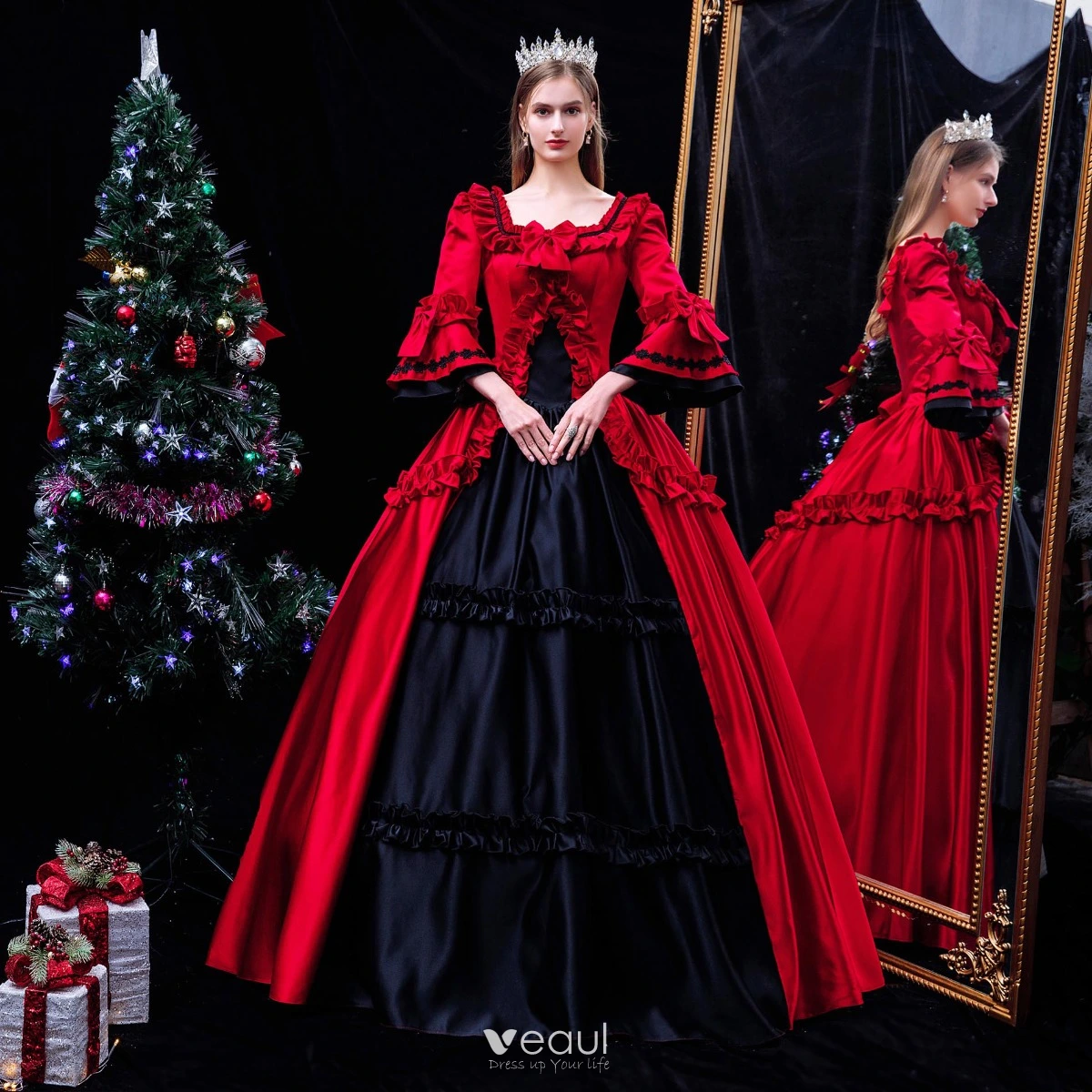 Medieval Vintage Retro Red Prom Dresses 2024 Crossed Straps Floor Length Long Square Neckline Cosplay Evening Party 1 2 Sleeves Ball Gown Formal Dresses