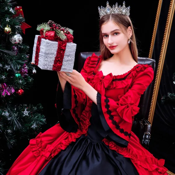 Medieval Vintage / Retro Red Prom Dresses 2024 Crossed Straps Floor-Length / Long Square Neckline Cosplay Evening Party 1/2 Sleeves Ball Gown Formal Dresses