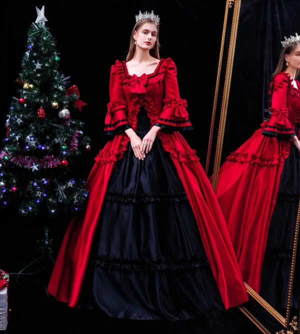 Medieval Vintage / Retro Red Prom Dresses 2024 Crossed Straps Floor-Length / Long Square Neckline Cosplay Evening Party 1/2 Sleeves Ball Gown Formal Dresses