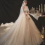 Glamour Champagne Perle La Mariée Robe De Mariée 2020 Princesse Manches Courtes Encolure Carrée Perlage Bretelles croisées Scintillantes Tulle Plage Chapel Train Noeud Ceinture