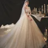 Glamorous Champagne Pearl Bridal Wedding Dresses 2020 A-Line / Princess Short Sleeve Square Neckline Beading Crossed Straps Sparkly Tulle Beach Chapel Train Bow Sash