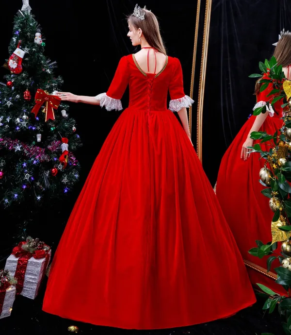 Medieval Vintage / Retro Red Prom Dresses 2024 1/2 Sleeves Floor-Length / Long Crossed Straps Printing Square Neckline Cosplay Pageant Ball Gown Formal Dresses