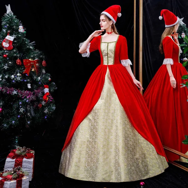 Medieval Vintage / Retro Red Prom Dresses 2024 1/2 Sleeves Floor-Length / Long Crossed Straps Printing Square Neckline Cosplay Pageant Ball Gown Formal Dresses