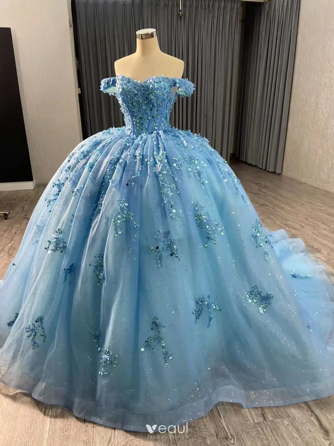 Flower Fairy 3D Lace Sky Blue Prom Dresses 2024 Crossed Straps Sequins ...