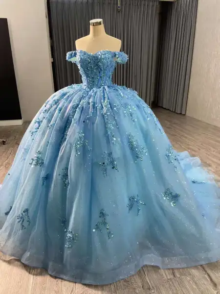 Flower Fairy 3D Lace Sky Blue Prom Dresses 2024 Crossed Straps Sequins ...