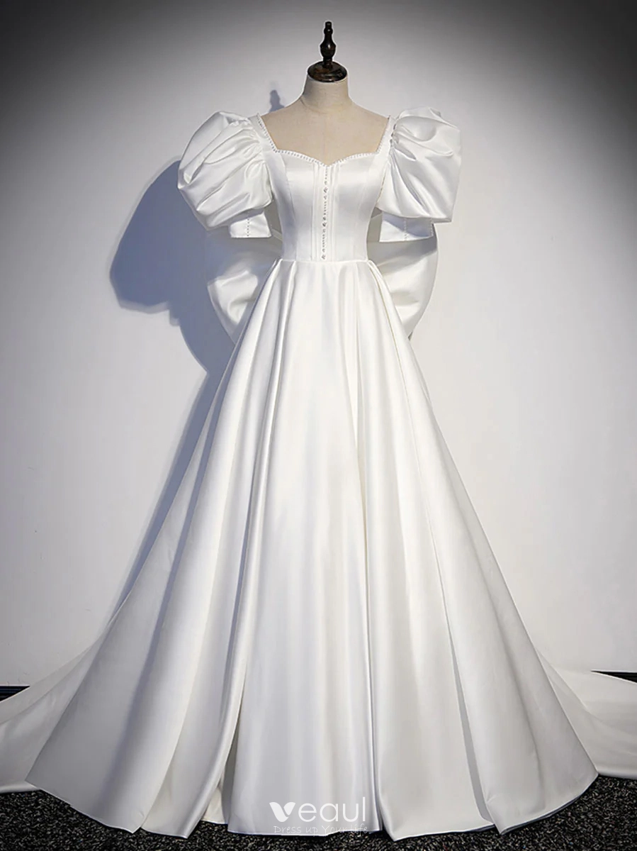 Satin Puffy Sleeve Ball Gown Bow Beading Prom Dress Satin Puffy Sleeve Ball Gown Bow Beading Prom Dress