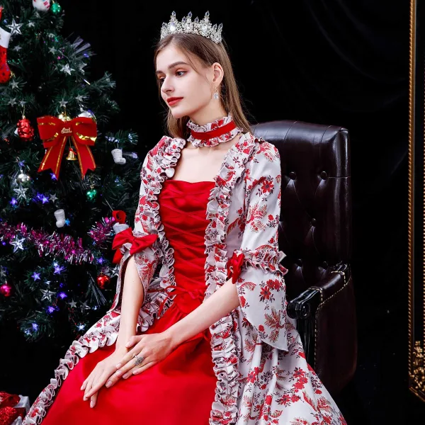 Medieval Vintage / Retro Red Prom Dresses 2024 A-Line / Princess Printing Flower Floor-Length / Long Square Neckline Cosplay Pageant 1/2 Sleeves Ball Gown Formal Dresses