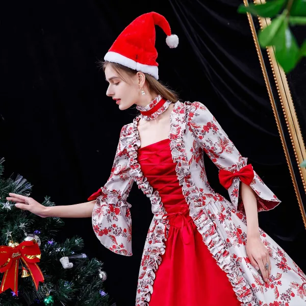 Medieval Vintage / Retro Red Prom Dresses 2024 A-Line / Princess Printing Flower Floor-Length / Long Square Neckline Cosplay Pageant 1/2 Sleeves Ball Gown Formal Dresses
