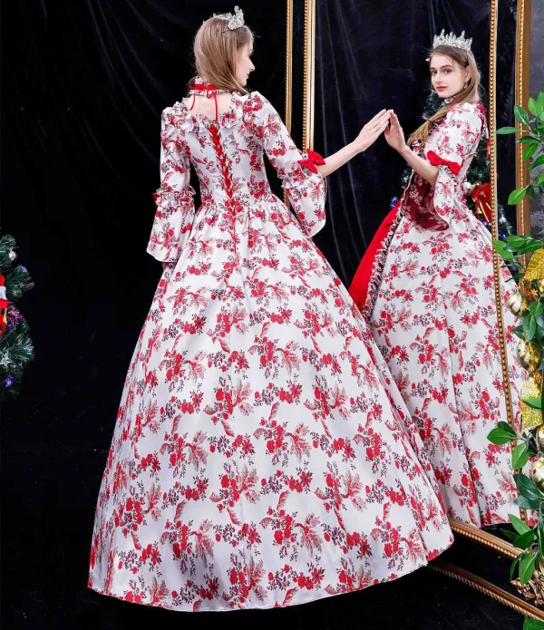 Medieval Vintage / Retro Red Prom Dresses 2024 A-Line / Princess Printing Flower Floor-Length / Long Square Neckline Cosplay Pageant 1/2 Sleeves Ball Gown Formal Dresses