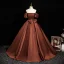 Vintage / Retro Brown Bow Satin Prom Dresses Ball Gown 2025 Off-The-Shoulder Short Sleeve Backless Floor-Length / Long Formal Dresses