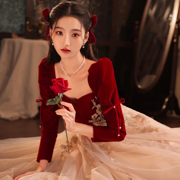 Chic / Beautiful Burgundy Beading Rhinestone Lace Flower Fall Winter Evening Dresses 2023 A-Line / Princess Square Neckline Long Sleeve Backless Bow Floor-Length / Long Evening Party