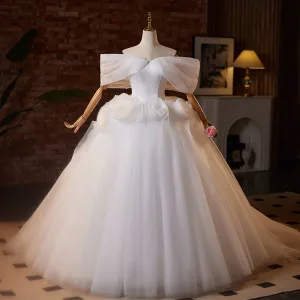 Elegant White Appliques Wedding Dresses 2025 Ball Gown Off The Shoulder Short Sleeve Backless Floor Length Long Wedding