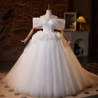 Elegante Weiß Applikationen Brautkleider Hochzeitskleider 2025 Ballkleid Off Shoulder Kurze Ärmel Rückenfreies Lange Hochzeit