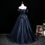 Vintage / Retro Navy Blue Bow Satin Prom Dresses 2025 Ball Gown Off-The-Shoulder Short Sleeve Backless Floor-Length / Long Formal Dresses