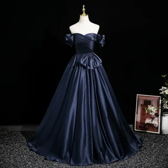 Vintage Retro Navy Blue Bow Satin Prom Dresses 2025 Ball Gown Off The Shoulder Short Sleeve Backless Floor Length Long Formal Dresses