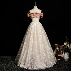 Chic Belle Champagne Impression Robe De Bal 2025 Princesse De L Épaule Manches Courtes Dos Nu Longue Robe De Ceremonie