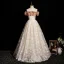 Chic / Beautiful Champagne Printing Prom Dresses 2025 A-Line / Princess Off-The-Shoulder Short Sleeve Backless Floor-Length / Long Formal Dresses