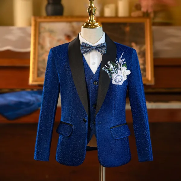 Fashion Royal Blue Sequins Long Sleeve Boys Wedding Suits 2024 Body Jewellery Coat Pants Shirt Tie Vest 6-piece