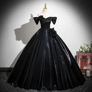 Vintage Retro Black Flower Satin Prom Dresses 2025 Ball Gown Off The Shoulder Short Sleeve Backless Floor Length Long Formal Dresses