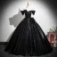 Vintage / Retro Black Flower Satin Prom Dresses 2025 Ball Gown Off-The-Shoulder Short Sleeve Backless Floor-Length / Long Formal Dresses