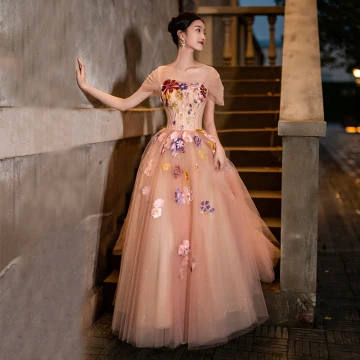 Élégant Rougissant Rose Perle En Dentelle Fleur Robe De Bal 2023 Princesse Encolure Carrée Manches Courtes Dos Nu Longue Promo Robe De Ceremonie