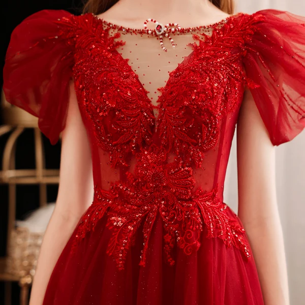 Charming Burgundy Beading Sequins Evening Dresses 2023 A-Line / Princess Scoop Neck Short Sleeve Backless Floor-Length / Long Evening Party Formal Dresses